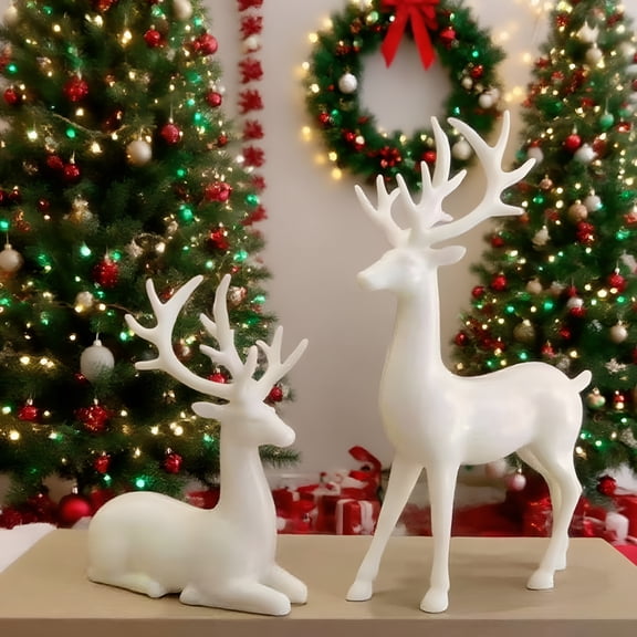XIBUFE 2-Piece Resin Reindeer Figurines Set Deer Couple Decor for Christmas Home Accents Tabletop Mantle Display Christmas Deer Figurines