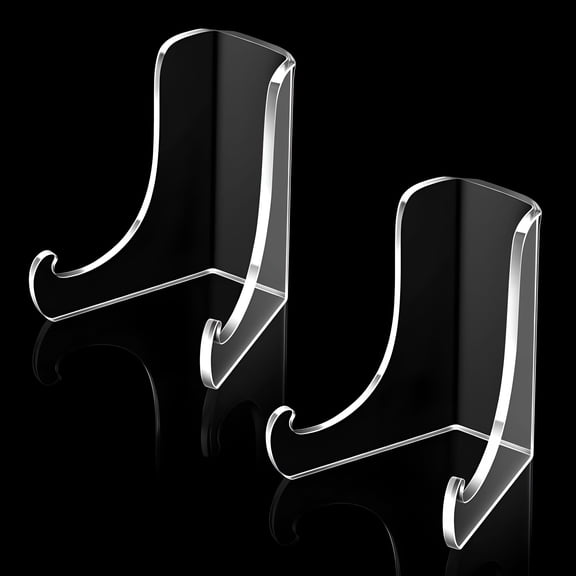 XIBUFE 2 Pieces Acrylic Plate Stands Clear Acrylic Easels Display Stands with Deep Support Shelves for Display Card Holder Photos Book Picture Table Top Holder Home Decors
