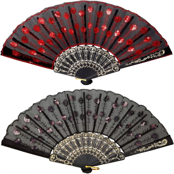 XIBUFE 2 Pieces Lace Spanish Fan,Foldable Hand Fan for 1920S Dancing Costume,Spanish Flamenco Gift,Photo Props,Prom,Decorations(Red,Black)