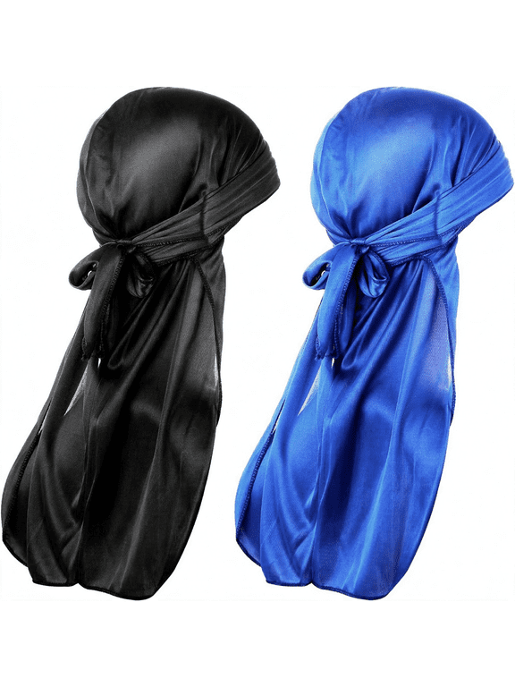 2 Pieces Silky Satin Durags for Men Women Long-Tail Headwraps Wide Strap Designer Doo Rags Cap Pirate Bandana Hat Durags for Men Silky