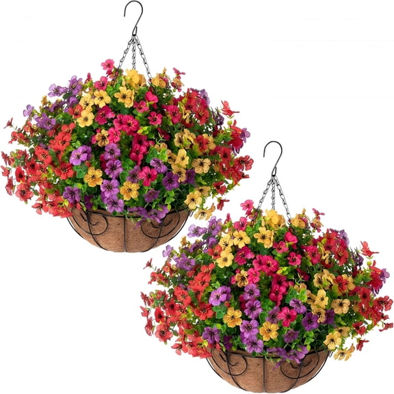 XIBUFE 2 Set Artificial Outdoor Flowers Hanging Basket,Hanging Plants for Outside Spring Decoration,Silk Uv Resistant Look Real Daisy for Porch Patio Home Decor
