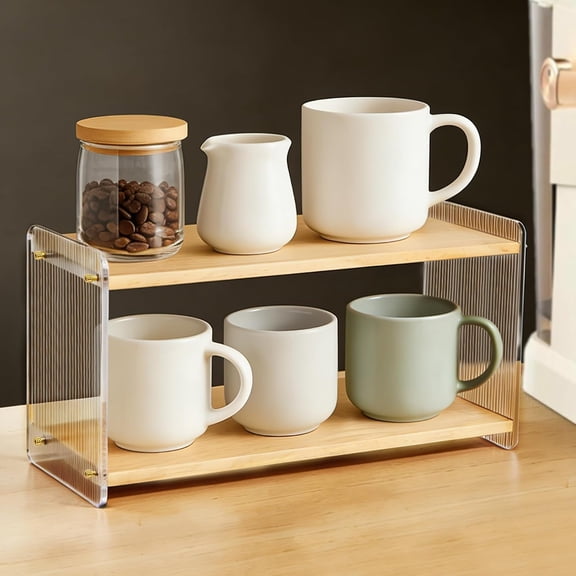 XIBUFE 2-Tier Coffee Station Organizer,Acrylic & Pine Wood Mug Holder for Coffee Bar & Matcha Station,Easy-to-Clean Countertop Shelf,Modern Minimalist Design
