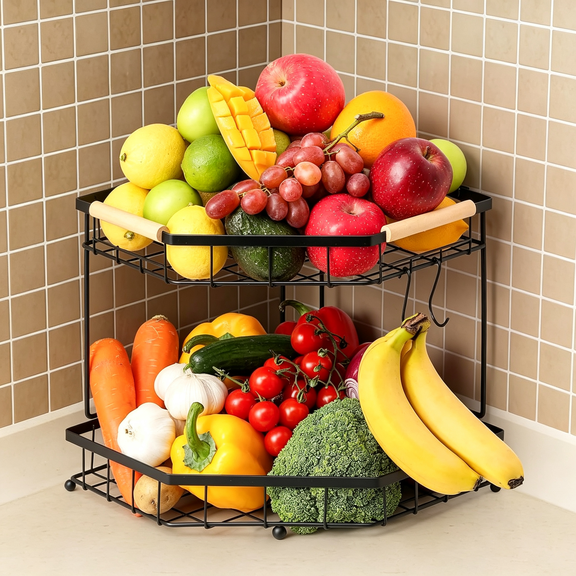XIBUFE 2 Tier Corner Fruit Basket for Kitchen Counter with Banana Hangers, Detachable Fruit Bowl with Wooden Handle, Metal Corner Rack for Fruit and Vegetable Storage, Kitchen Countertop Organizer