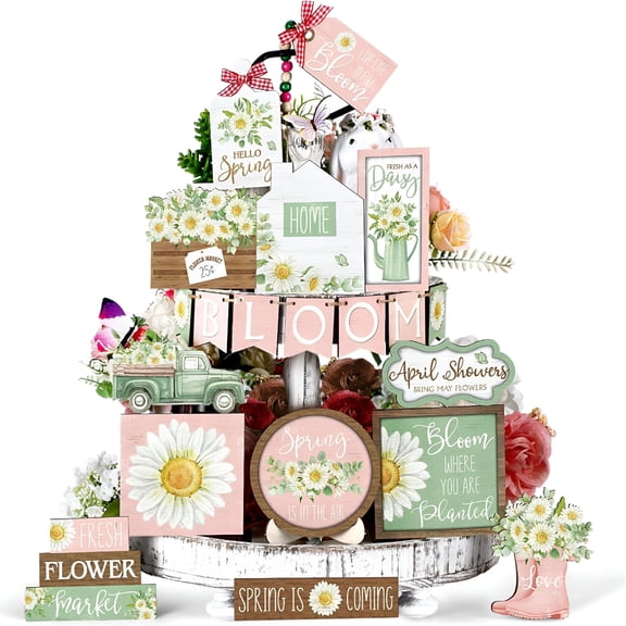 XIBUFE 20 Pcs Spring Flower Tiered Tray Decor Set Rustic Farmhouse Daisy Floral Wooden Sign Table Decorations for Spring Home Kitchen Shelf Tabletop Centerpiece
