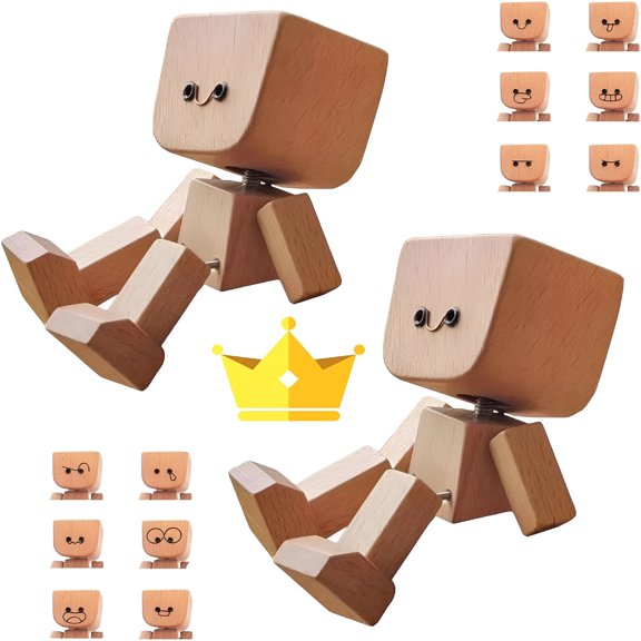 XIBUFE 2025 New Shaking Wooden Man Figurine,Handmade Shaking Feet Wooden Car Dashboard Decorations with 12 PCS Magnetic Expressions,Creative Wood Desktop Decor (3IN A)