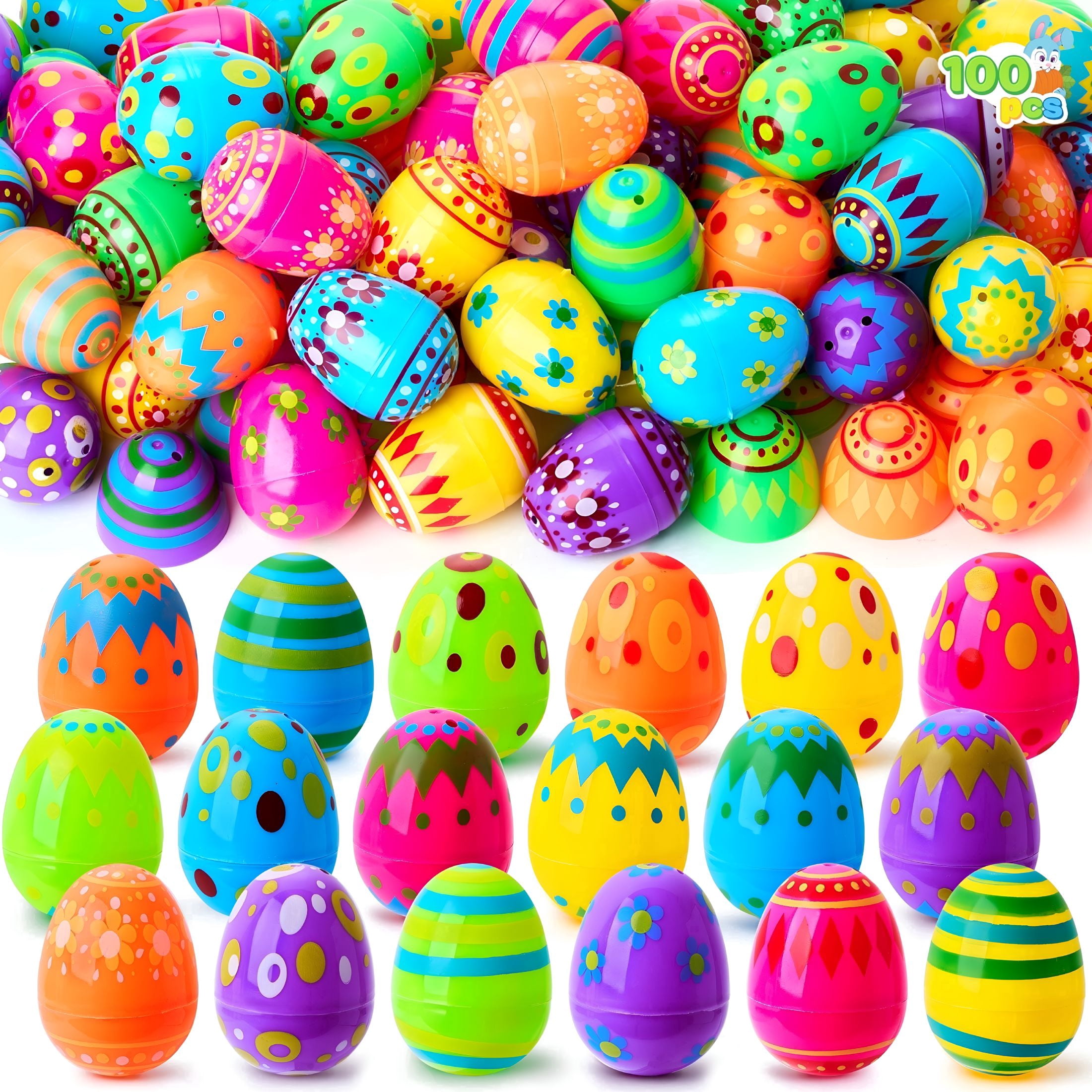 XIBUFE 2026 New 100 Pcs Plastic Printed Easter Eggs,2.3" Fillable Empty Easter Eggs for Easter Hunt,Basket Stuffers Fillers,Classroom Prize Supplies,Filling Treats and Party Favor