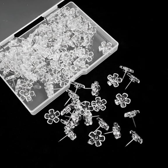 XIBUFE 2026 New 100 Pieces Clear Push Pin Plastic Flat Flower Head Thumb Tack with Box,Standard Board Pin Drawing Pin with Steel Point for Bulletin Board Photo Poster Map Calendar,Clear Flower
