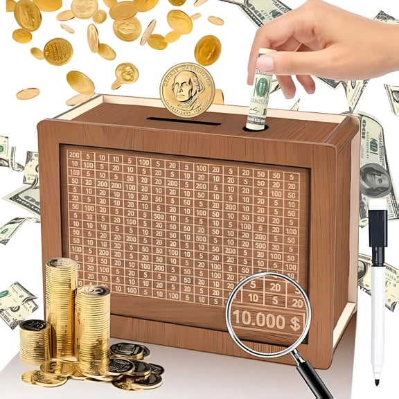 XIBUFE 2026 New 10K Smash Box for Money,Clear 10K Savings Challenge Smash Box for Money,Unbreakable 100/365 Day Money Saving Challenge Box for Money Saving Challenge Must Break to Open (Wood)
