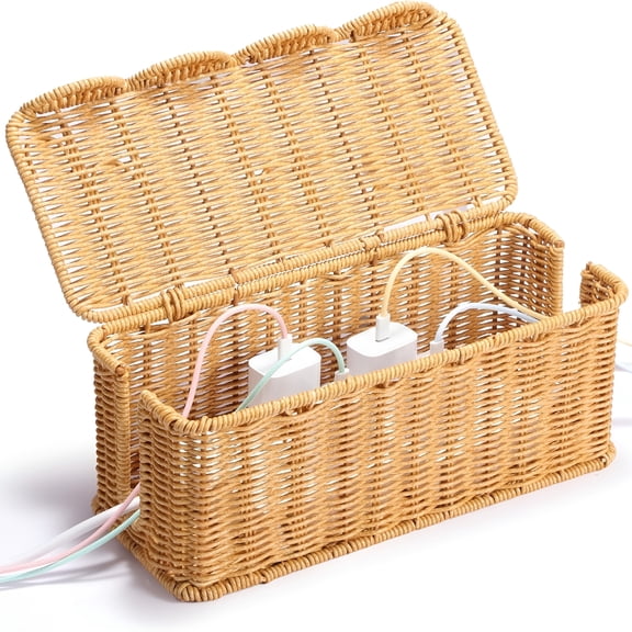 XIBUFE 2026 New 12.3" 5.4" 5.1" Handwoven Rattan Style Cable Management Wavy Weave Box,Decorative Storage Cord Organizer,Cable Organizer Box for Power Strips,Cords