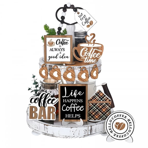XIBUFE 2026 New 12Pcs Coffee Tiered Tray Set Coffee Theme Tiered Tray Coffee Wood Signs Coffee Sign Trays for Summer Home Kitchen Table Long Centerpiece Tray for Dining Room Table