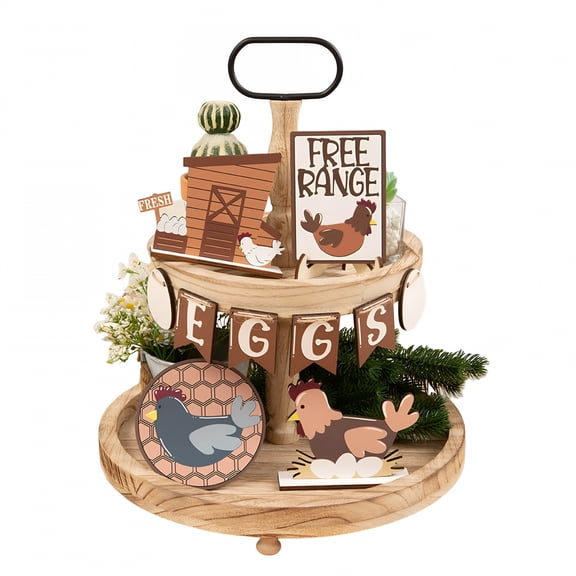XIBUFE 2026 New 13 Pcs Tiered Tray Decor Set for All Seasons-Farm Chicken Rustic Wooden Tiered Tray SignHen Eggs Chik Decorative for Home Kitchen Table Shelf Bar
