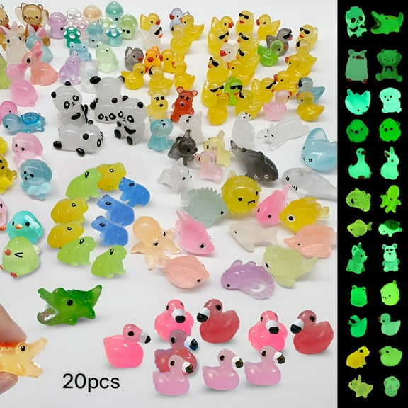 XIBUFE 2026 New 20 Pcs Tiny Resin Animals to Hide ,Mini Resin Animals Bulk Mini Ducks Tiny Frogs Pandas Small Rabbits Glow in the Dark for Miniature Garden Accessories Micro Landscape Aquarium Potted