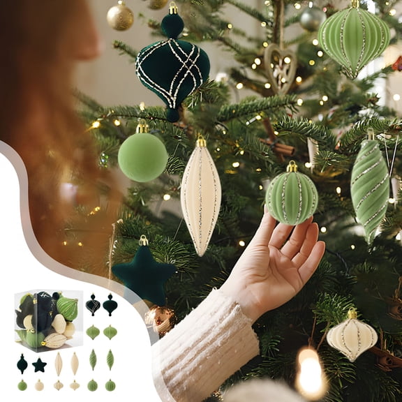 XIBUFE 2026 New 24Pcs Christmas Velvet Ornament Balls,Hand-Painted Sage Green Dark Green Beige Decorations,Festive Hanging Balls for Xmas Tree Holiday Party Supplies