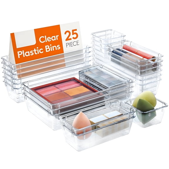 XIBUFE 2026 New 25 Pcs Clear Plastic Drawer Organizer Set, 4-Size Desk Drawer Divider for Pencils, Makeup, Jewelry, Gadgets in Office, Kitchen, Bedroom, Bathroom Clear Desk Organizer