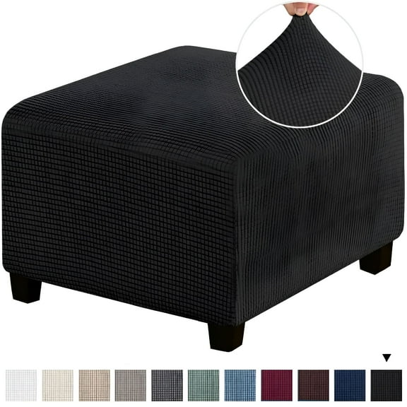 XIBUFE 2026 New 3 Sizes Square Jacquard Durable Customized Stretch Footrest Ottoman Cover Folding Storage Stool Furniture Protector Slipcover (Black,L),For Living Room,Bedroom,Office