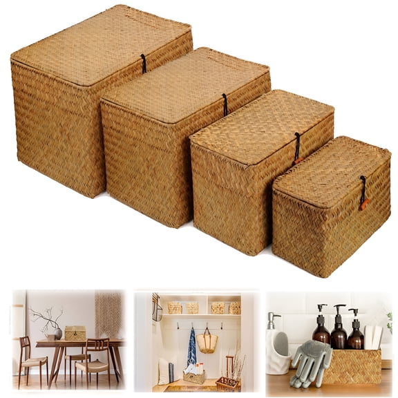 XIBUFE 2026 New 4 Pack Wicker Basket with Lid Storage Basket Decorative Storage Boxes with Lids,Hand-Woven Desktop Basket,Rectangular Household Basket Boxes for Shelf Closet Bedroom,4 Sizes (Natural)