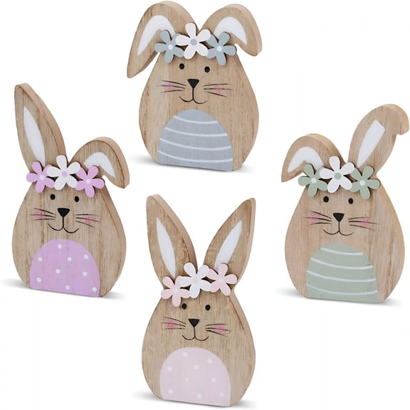 XIBUFE 2026 New 4 Pack Wooden Easter Bunny Table Decorations Easter Decor Spring Wood Bunnies Rabbit Ornament Farmhouse Tabletop Decor for Party Tiered Tray Mantle Desk Home Party Patio Yard Decor
