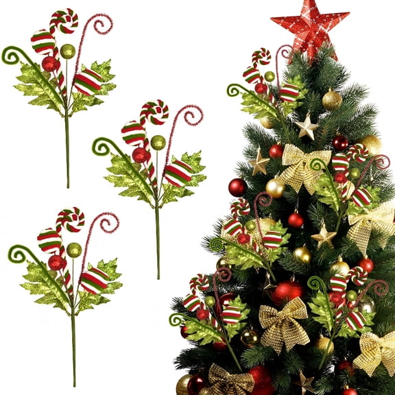 XIBUFE 2026 New 5 Pack Christmas Tree Decoration Candy Cane Shape Christmas Tree Picks Glitter Curly Pick Lollipop Large for Xmas Tree Topper Decor Vase Filler Craft Wreath Holiday Party Ornament
