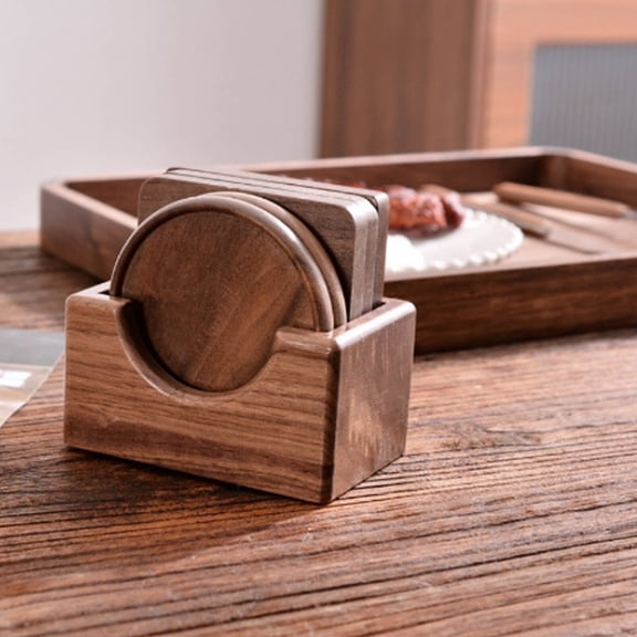 XIBUFE 2026 New 5 Pcs Coasters Holder Wooden Coasters Case for Square Or Round Coaster Natural Black Walnut Coaster Holder Holding 3.4" for Home, Kitchen, Office, Dining, Table Protection.