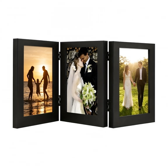 XIBUFE 2026 New 5X7 Three Picture Frame Trifold Hinged Photo Frame with 3 Openings,5X7 Black Picture Frame Desk Top Family Picture Collage,Vertical Display 3 5X7 Photo,Black