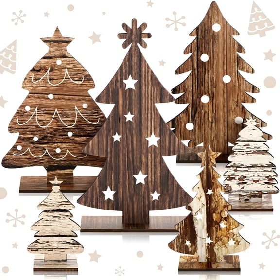 XIBUFE 2026 New 6Pcs Rustic Wooden Christmas Tree Tabletop Decor,Farmhouse Country Boho Primitive Christmas Decorations with Natural Wood Finish,Farmhouse Christmas Decor for Festive Winter Displays