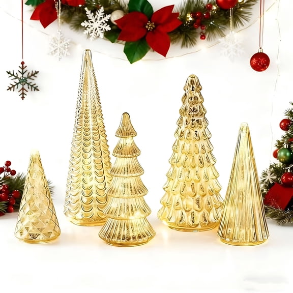 XIBUFE 2026 New 9 Set 5 Illuminated Mercury Glass Trees Christmas Trees Led Silver Decor Lighted Tree Figurine Xmas Home Centerpiece Tabletop Mantel Mercury Glass Christmas Tree Set