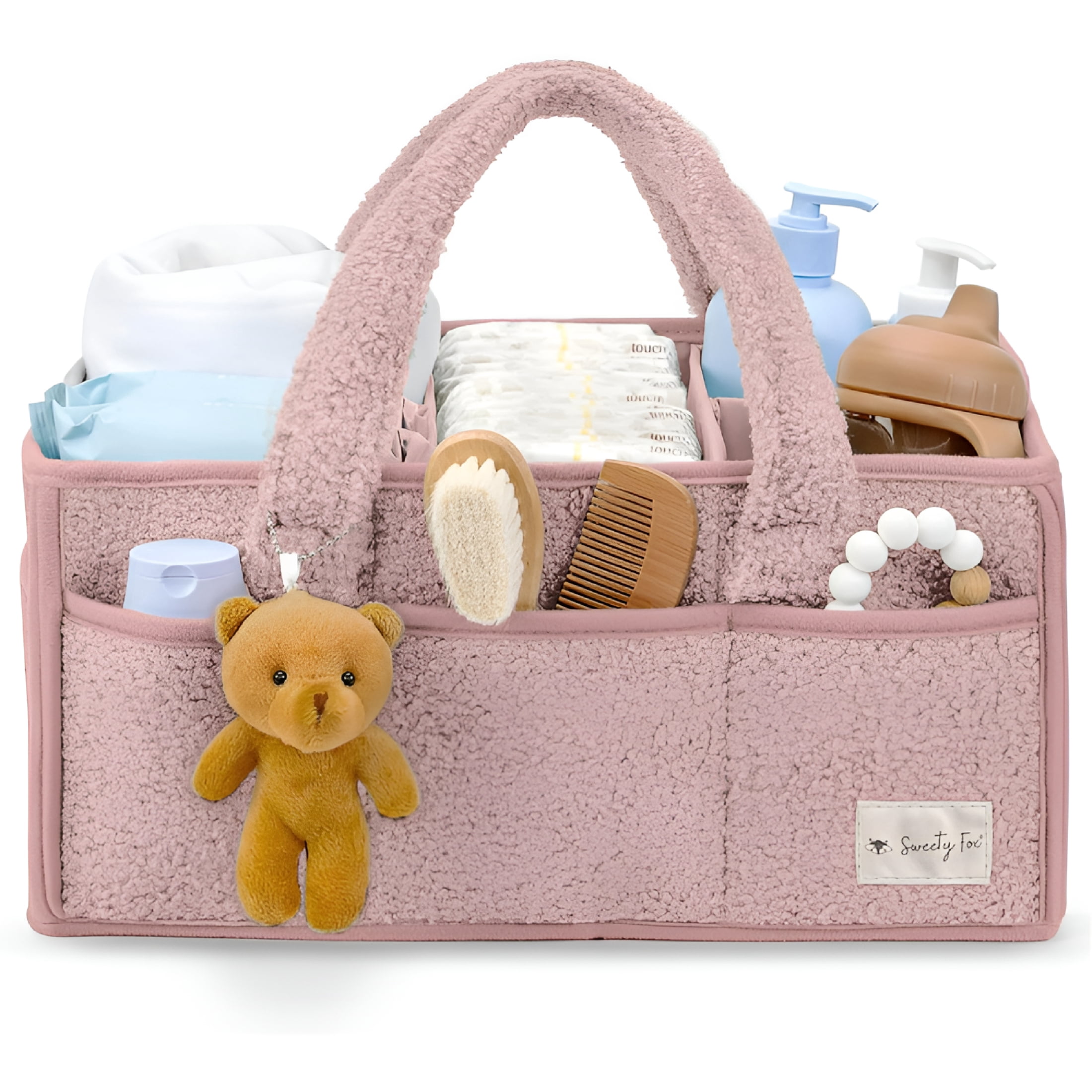 XIBUFE 2026 New Baby Diaper Caddy Organizer with Handle-Portable Soft Sherpa Nursery Basket Bag-Great for Car and Home-Pink