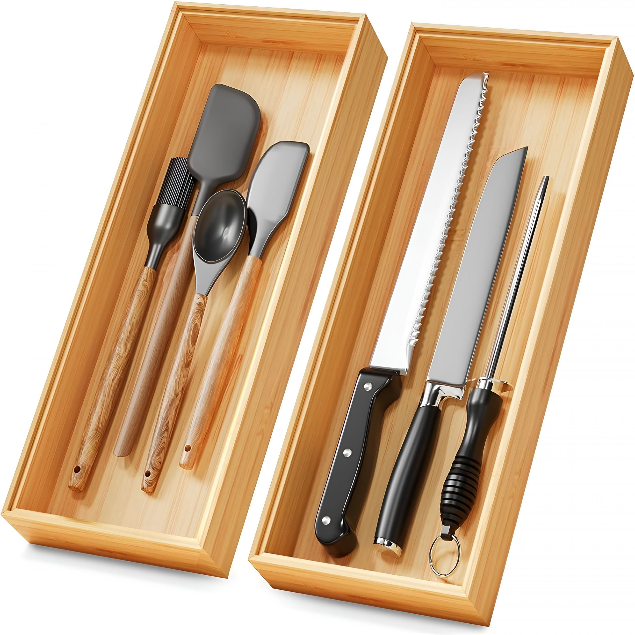 XIBUFE 2026 New Bamboo Kitchen Drawer Organizer Boxes – 15" X 6" Stackable Wood Silverware Utensil Tray for Drawers Bins,Cutlery&Flatware Storage – Wooden Organizers Set of 2 for Junk Drawer,Bathroom
