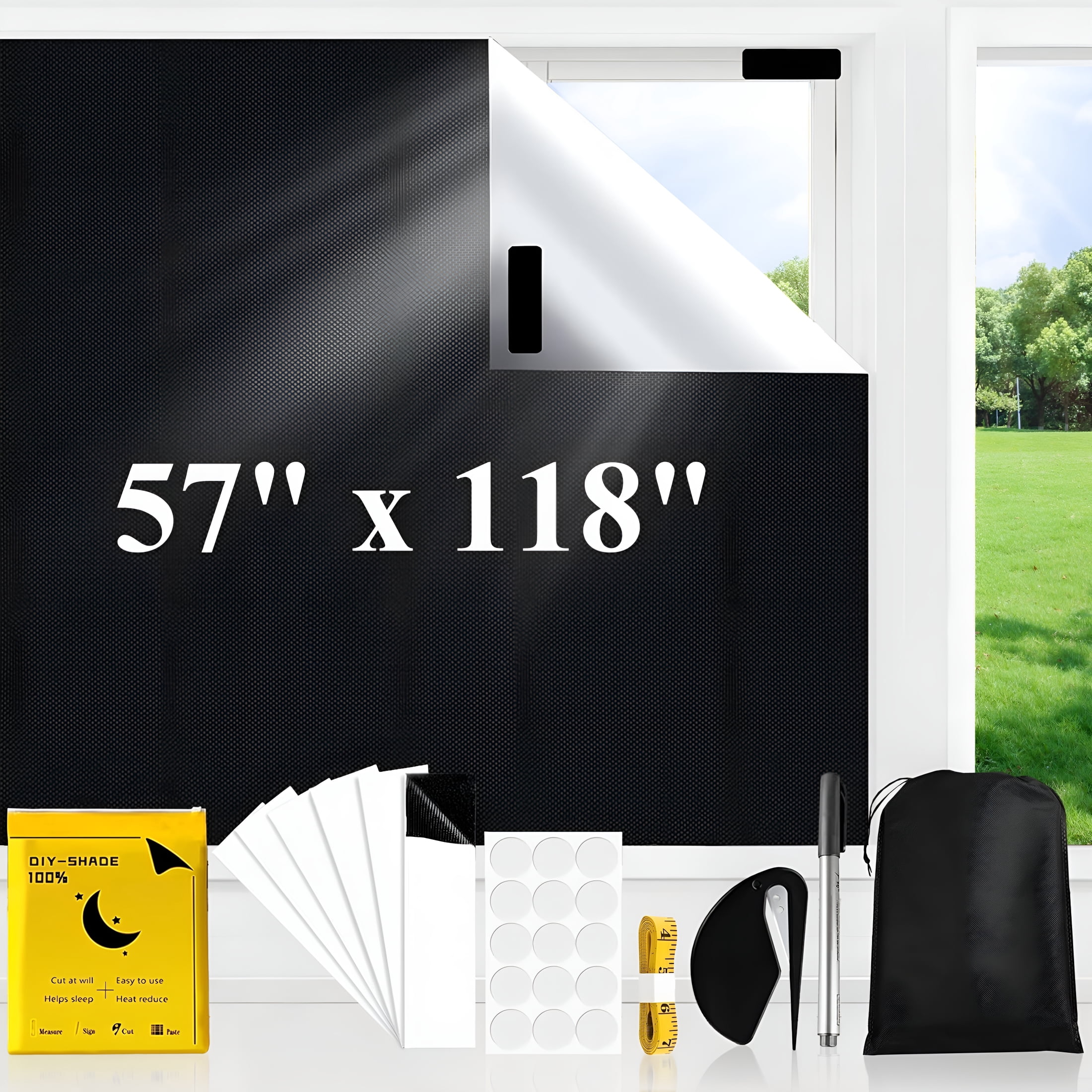 XIBUFE 2026 New Blackout Blinds for Bedroom,118" X 57" Portable Blackout Shades No Drill Window Blinds Cut to Size,Travel Blackout Curtains Window Cover Film for Nursery,Bedroom,Dorm Room,Rv,Black
