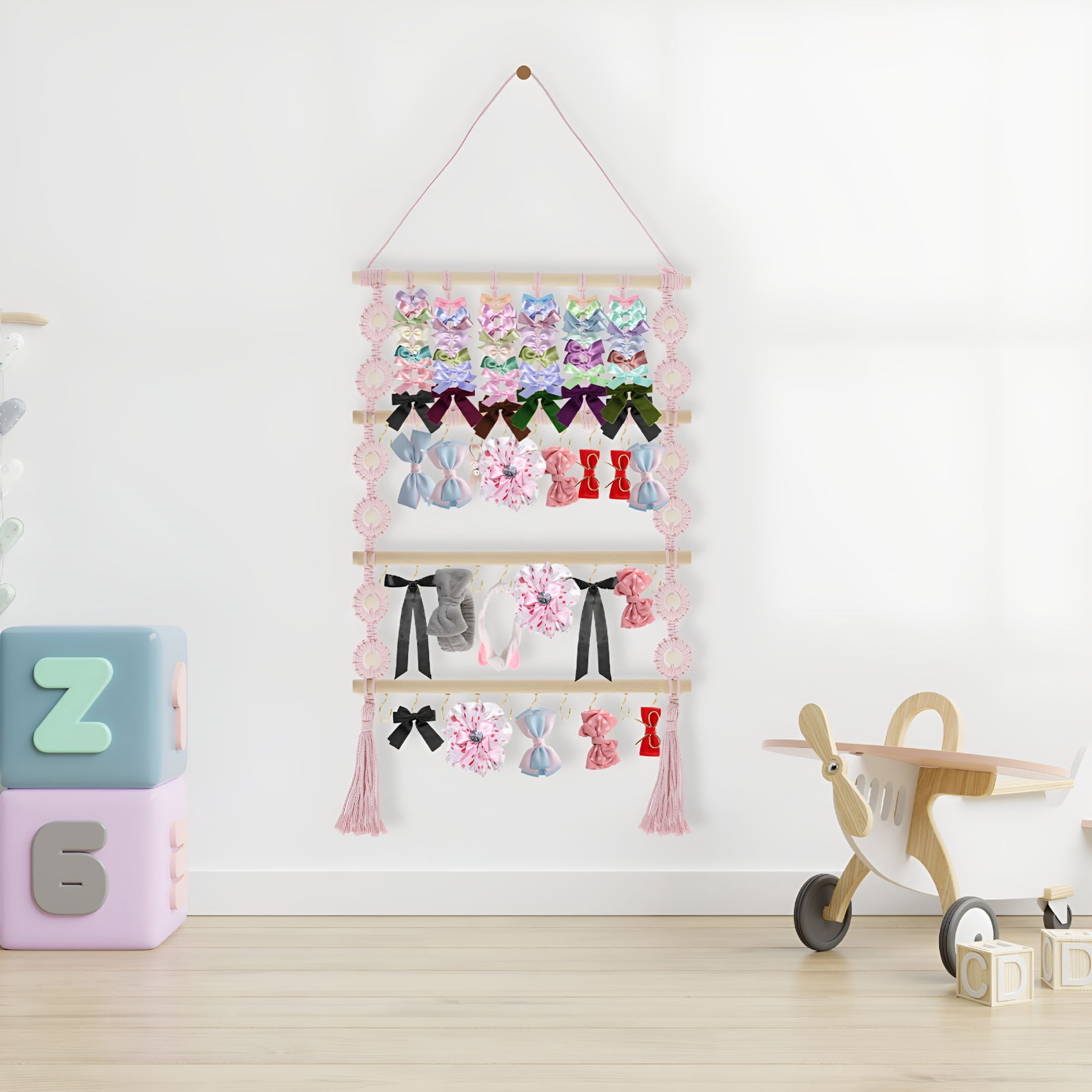 XIBUFE 2026 New Bow Organizer for Girls Headband Holder Hair Bows Organizer for Baby Girls Large Capacity Bow Holder Hair Accessories Wall Hanging Organizer for Toddler Baby Girl Room Decor(Pink)