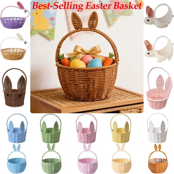 XIBUFE 2026 New Bunny Easter Basket - Imitation Rattan Woven Basket with Rabbit Ears,Easter Decorations Storage Baskets for Organizing Flowers Storage Bins Easter Egg Hunt Prizes(7X11",Brown)
