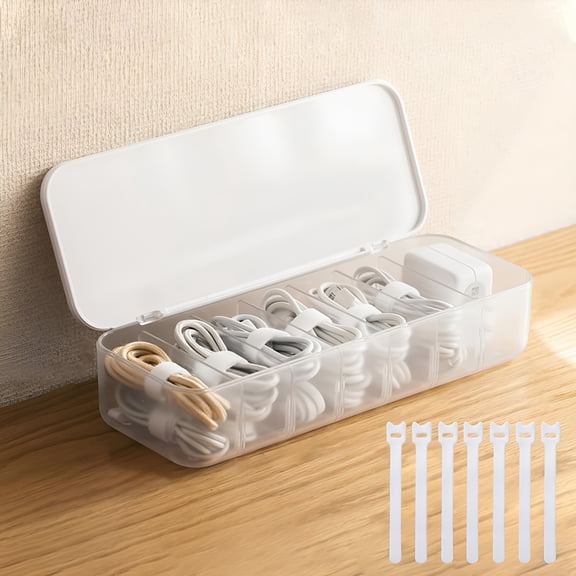 XIBUFE 2026 New Cable Management Box with Lid,7 Compartment Cord Organizer with 7 Wire Ties,Desktop Cable Storage Box for Home Accessories,Neat Wire Hider for Computer Desk,Tv Stand,Charger Cables