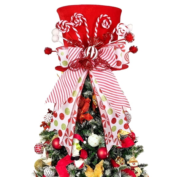 XIBUFE 2026 New Candy Cane Christmas Tree Topper Large Red Tree Topper Hat with Candy Peppermint Bows Ribbon Ornament,Top Hat Christmas Tree Topper for Home Office Holiday Decoration Xmas Gift