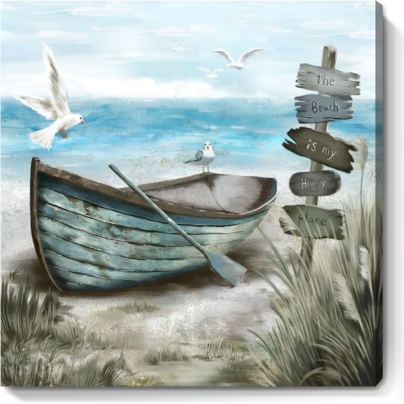 XIBUFE 2026 New Canvas Wall Art Beach Decor Wall Picture Rustic Coastal Sand Canvas Print Ocean Nautical Painting Seascape Sea Bird Ship Boat Artwork for Seaside Living Room Bedroom Decor Blue