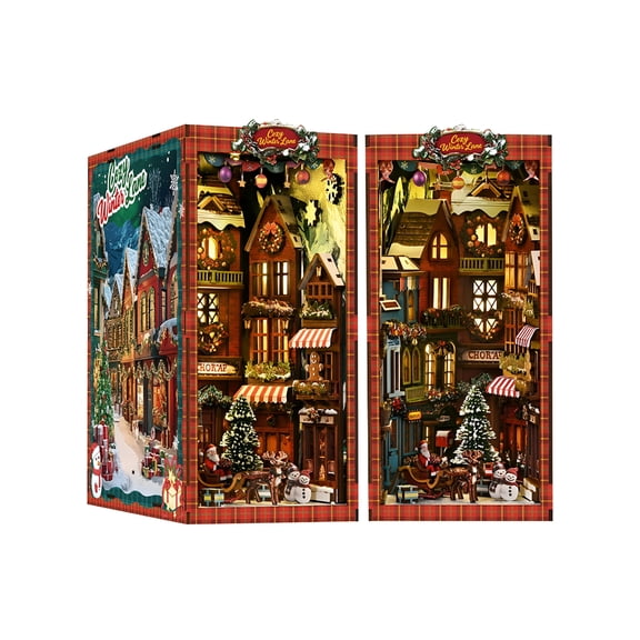 XIBUFE 2026 New Christmas Street Corner Book Nook Kit for Adults-Diy Wooden Miniature Dollhouse with Dust Cover,3D Assembly Bookend&Bookshelf Insert Decor for Bookshelf,Desk,Living Room,Study