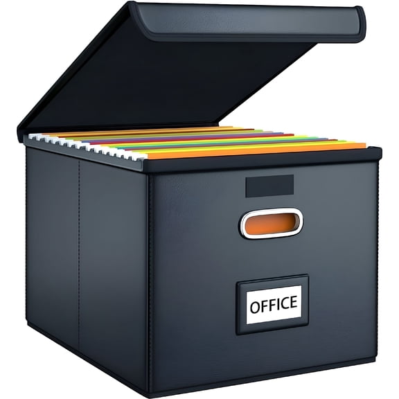 XIBUFE 2026 New Collapsible Faux Leather Hanging File Folder Box Organizer for Office, Home, School with Lid and Plastic Slides File Storage Boxes with Lids, Black