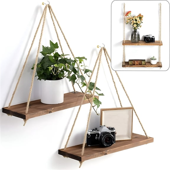 XIBUFE 2026 New Decorative Hanging Rope Rack Flower Pot Storage Rack,Premium Wood Swing Hanging Rope Wall Mounted Floating Shelves Plant Flower Pot