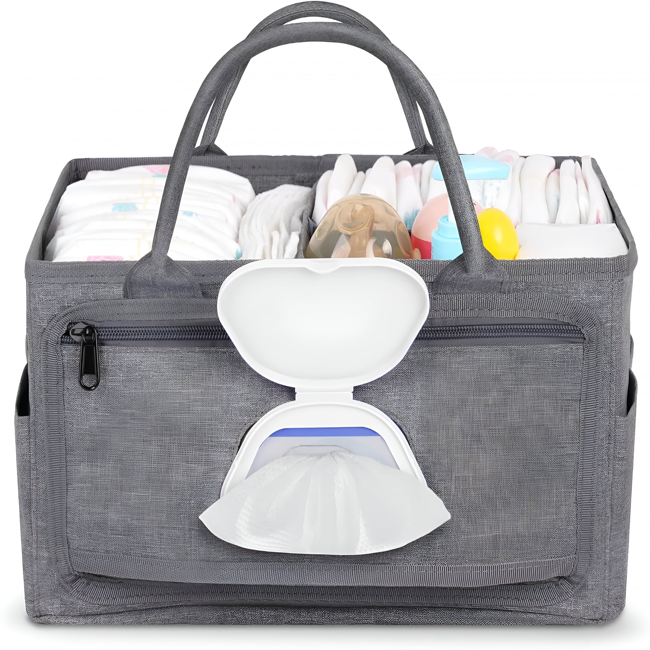 XIBUFE 2026 New Diaper Caddy with Wipe Dispenser One-Handed Access,Premium Diaper Organizer,Portable Car Organizer Nursery Basket for Newborn,Perfect Registry Must Haves for Boys&Girls,Grey