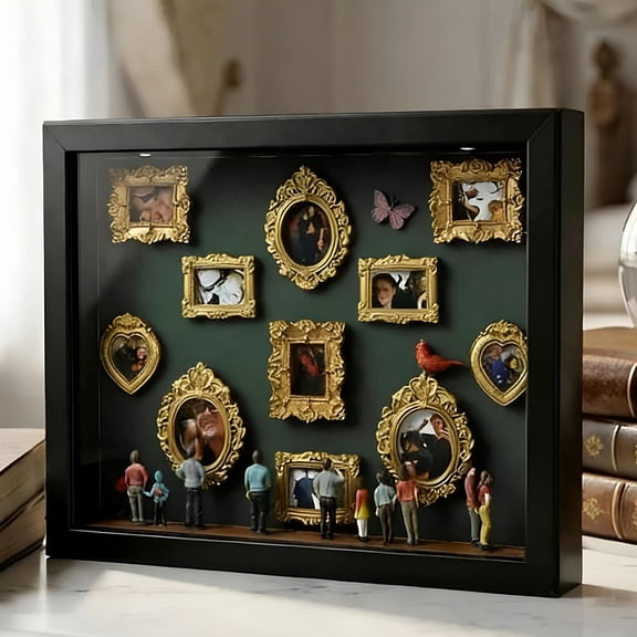 XIBUFE 2026 New Diy Mini Museum Silhouette Box,Shadow Box,With Gold Mini Frames Figures & Light for Anniversaries Travel Memories, for Gifts, Home Decor, Celebrations, Keepsakes, Personal Collections