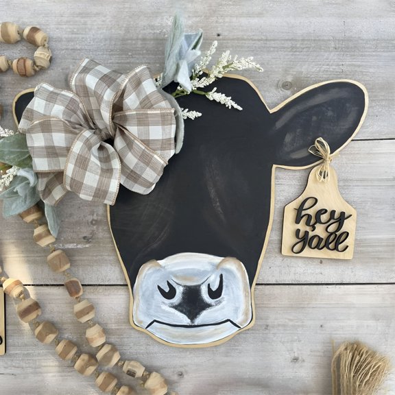 XIBUFE 2026 New Door Hanger Welcome Farmhouse Cow Head Door Wreath Sign Wooden Calf Front Door Hanger Buffalo Plaid Bow and Artificial Leaves Home Restaurant Cafe Outdoor Decoration Gift
