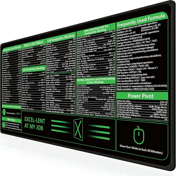 XIBUFE 2026 New Excel Cheat Sheet Desk Pad,Excel Mouse Pad Shortcuts,Excel Shortcuts Cheat Sheet Keyboard Mat,Extended Large Xxl Non-Slip Mousepad with Stitched Edges for Computer(Black)