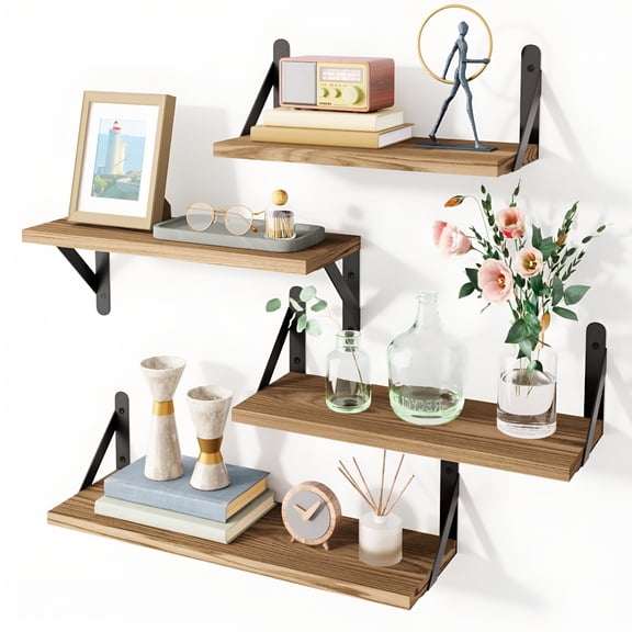 XIBUFE 2026 New Floating Shelves,Rustic Wood Shelves,4 Sets of Wall Mounted Shelf,4.3X16.5X6.1Inches,Carbonized Black Wooden Floating Shelves for Wall