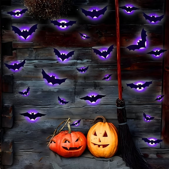 XIBUFE 2026 New Halloween 3D Lighted Bats,3D Bats Halloween Wall Decor with 10 Forms and 5 Sizes,3D Bat Design Led Decoration Hanging Wall Luminous Glow Clings for Home,Party,Bar (24 Pcs)