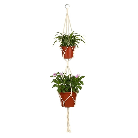 XIBUFE 2026 New Indoor Double Macrame Plant Hanger - 2 Tier Cotton Rope Hanging Flower Pot Basket,4 Legs,47 Inch