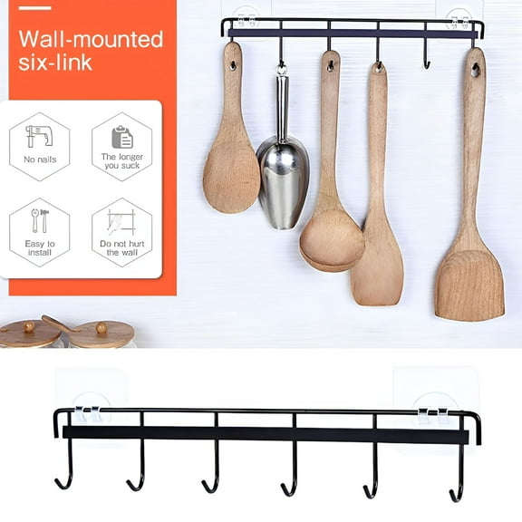 XIBUFE 2026 New Kitchen Rail with 6 Hooks | Wall Mounted Hanging Utensil Holder Rack | Kitchen Pots and Pans Organizer for Kitchen Tools,Pot,Towel for Home,Apartment,Rv,Outdoor Kitchen,Cabin