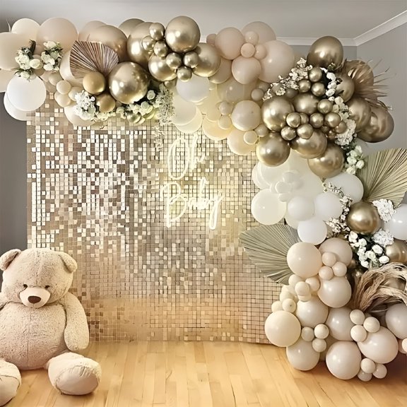 XIBUFE 2026 New Light Gold Shimmer Wall Backdrop 24Pcs Sequin Panels for Wedding,Baby Shower,Anniversary,Party Photo Backdrops for Home,Event,Studio,Celebration