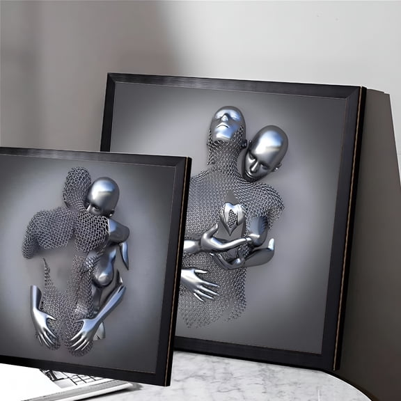 XIBUFE 2026 New Love Heart 3D Effect Wall Art,Metal Figure Statue Art Canvas Painting,15.7X15.7In Modern Wall Art for Bathroom Home Decor Canvas Artwork Decoration (Grey,Face to Face Hug)