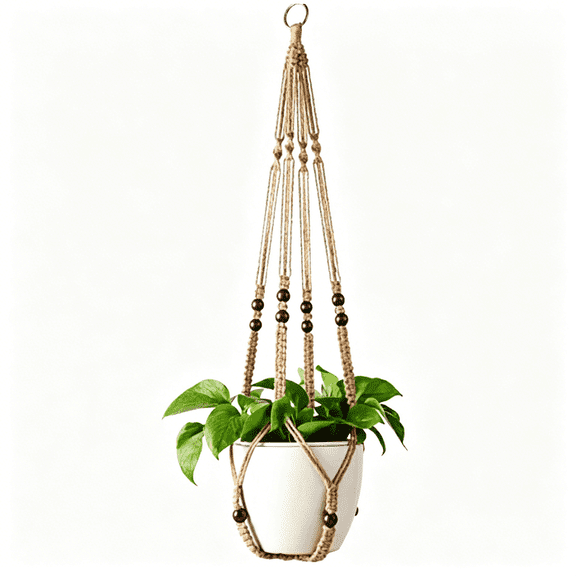 XIBUFE 2026 New Macrame Hanger Indoor Jute Hanging Planter Basket with Wood Beads Decorative Flower Pot Holder No Tassels for Indoor Outdoor Boho Home Decor 35 Inch Brown