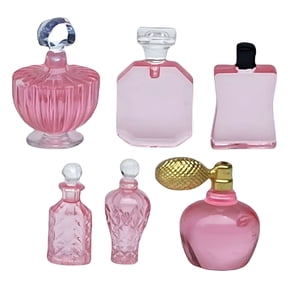 XIBUFE 1/12 Scale Miniature Perfume Set, 6 Pcs Pink Dollhouse Vanity Accessories, Tiny Cosmetic Decor for DIY Room Box Display and Collection