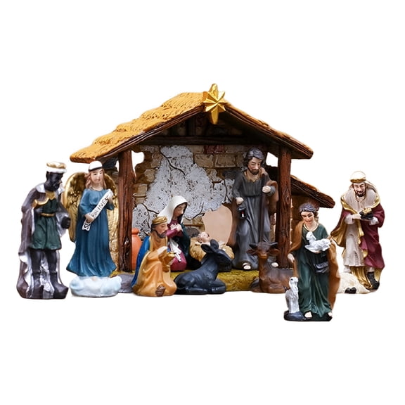 XIBUFE 2026 New Nativity Scene 12 Pieces Holiday Jesus Birth Resin Catholic Christian Nativity Manger Sculptures Decorations Ornament for Christmas Holiday Table Fireplace Home Church Indoor